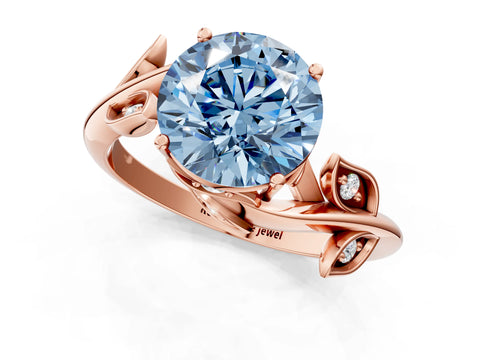 Rose gold Fancy Blue Round Cut Solitaire Twist Engagement Ring with Leaf Accents and Prong Setting_13