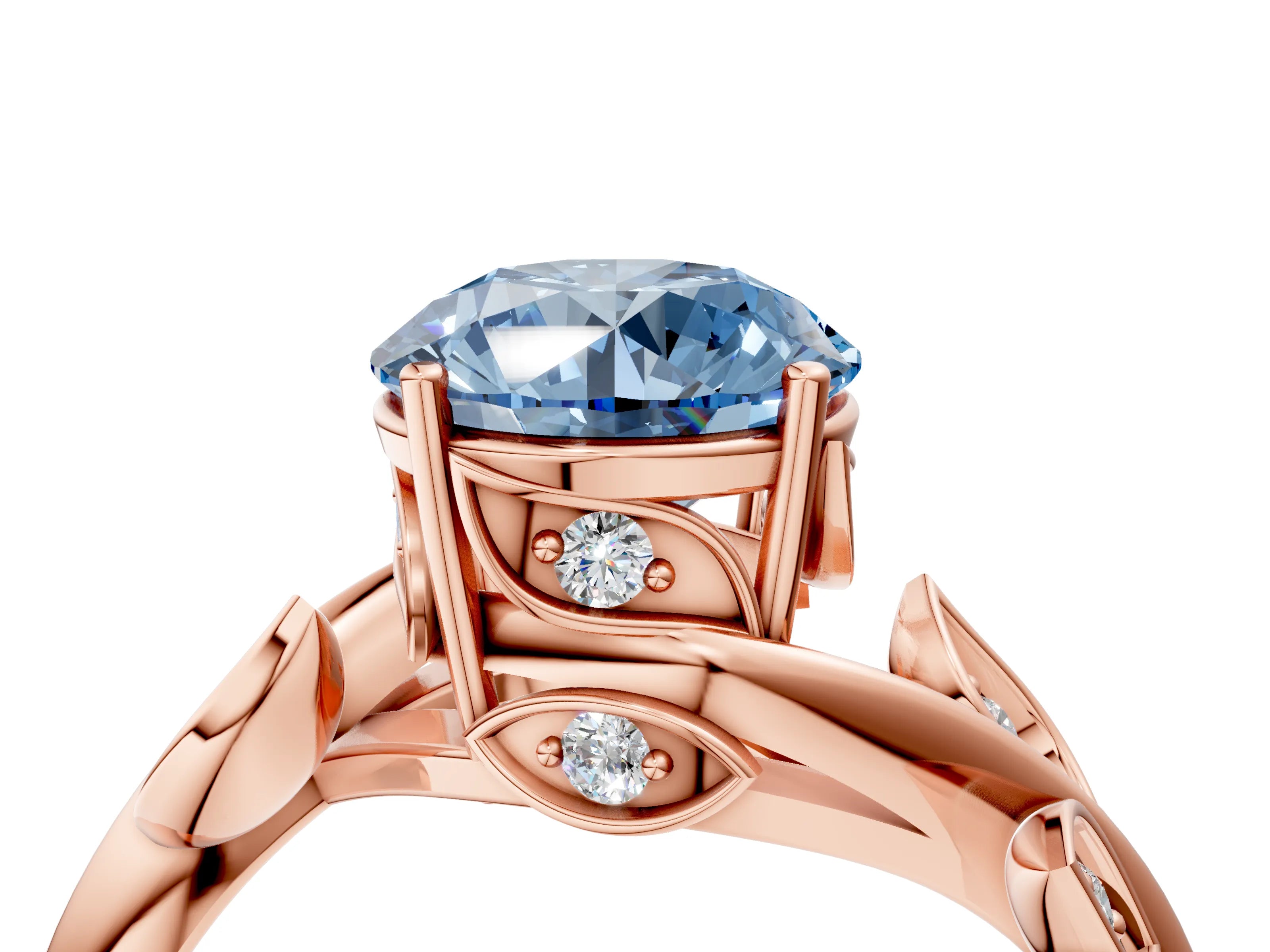 Rose gold Fancy Blue Round Cut Solitaire Twist Engagement Ring with Leaf Accents and Prong Setting_16