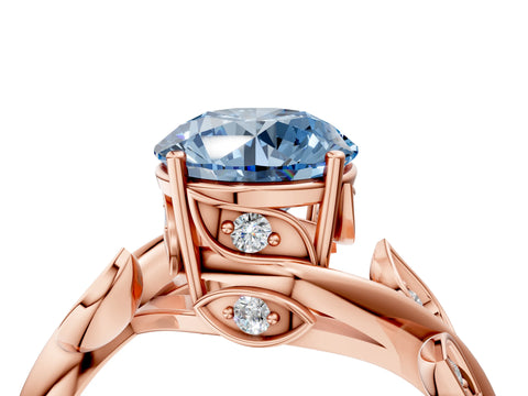 Rose gold Fancy Blue Round Cut Solitaire Twist Engagement Ring with Leaf Accents and Prong Setting_16