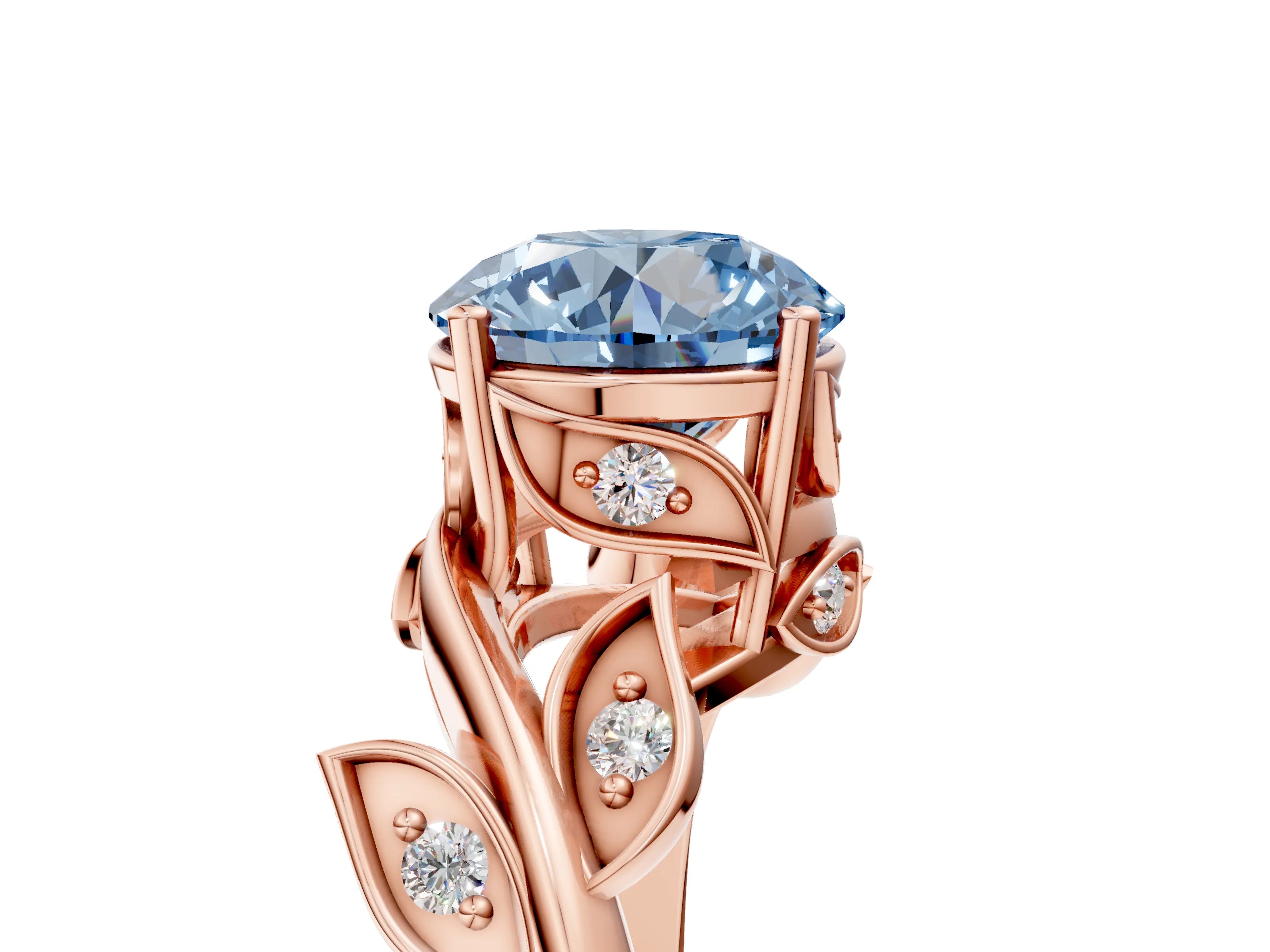 Rose gold Fancy Blue Round Cut Solitaire Twist Engagement Ring with Leaf Accents and Prong Setting_17