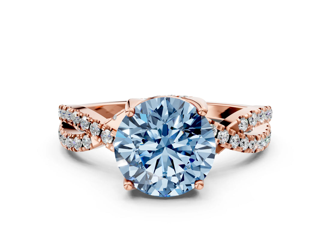 Rose gold Fancy Blue Round Cut Solitaire Twist Pave Diamond Engagement Ring with Prong Setting