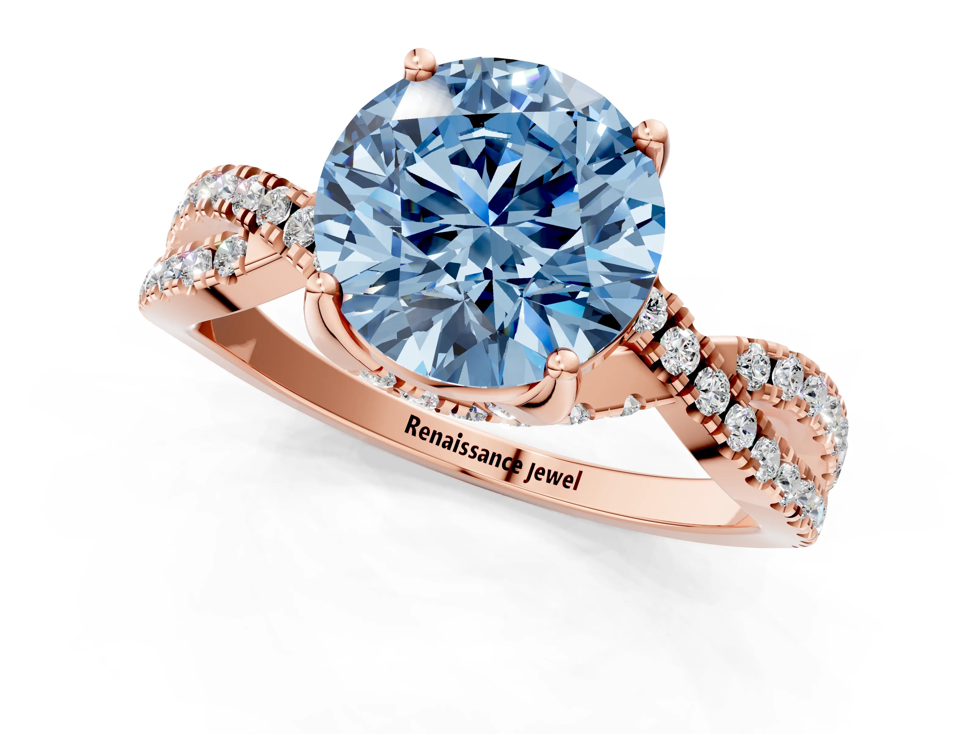 Rose gold Fancy Blue Round Cut Solitaire Twist Pave Diamond Engagement Ring with Prong Setting_1