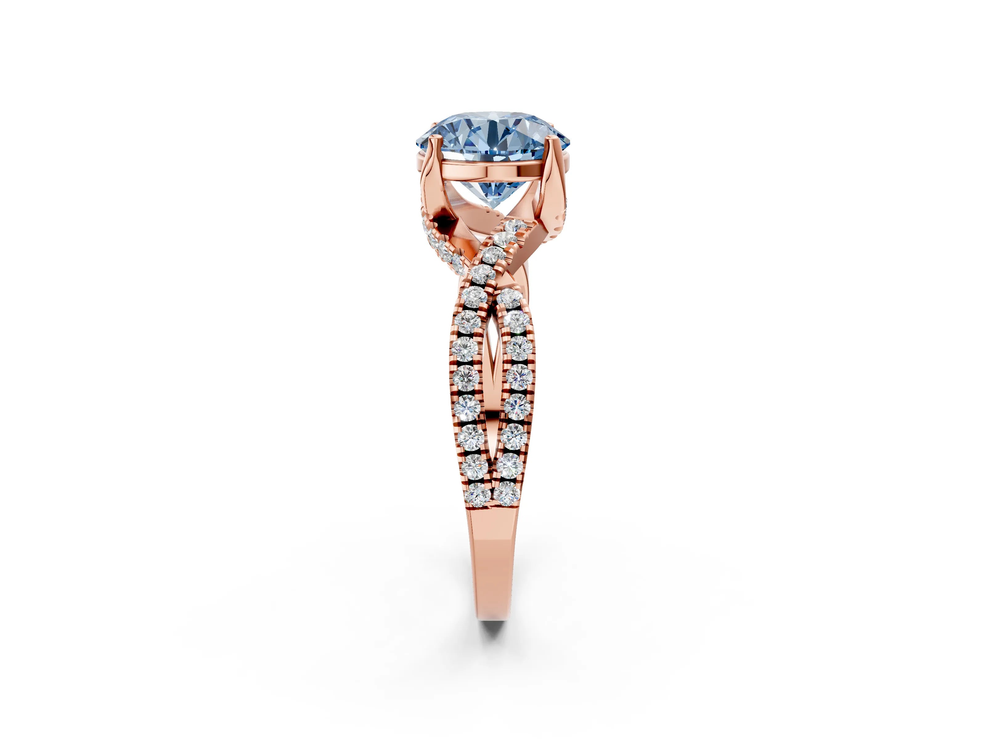 Rose gold Fancy Blue Round Cut Solitaire Twist Pave Diamond Engagement Ring with Prong Setting_2