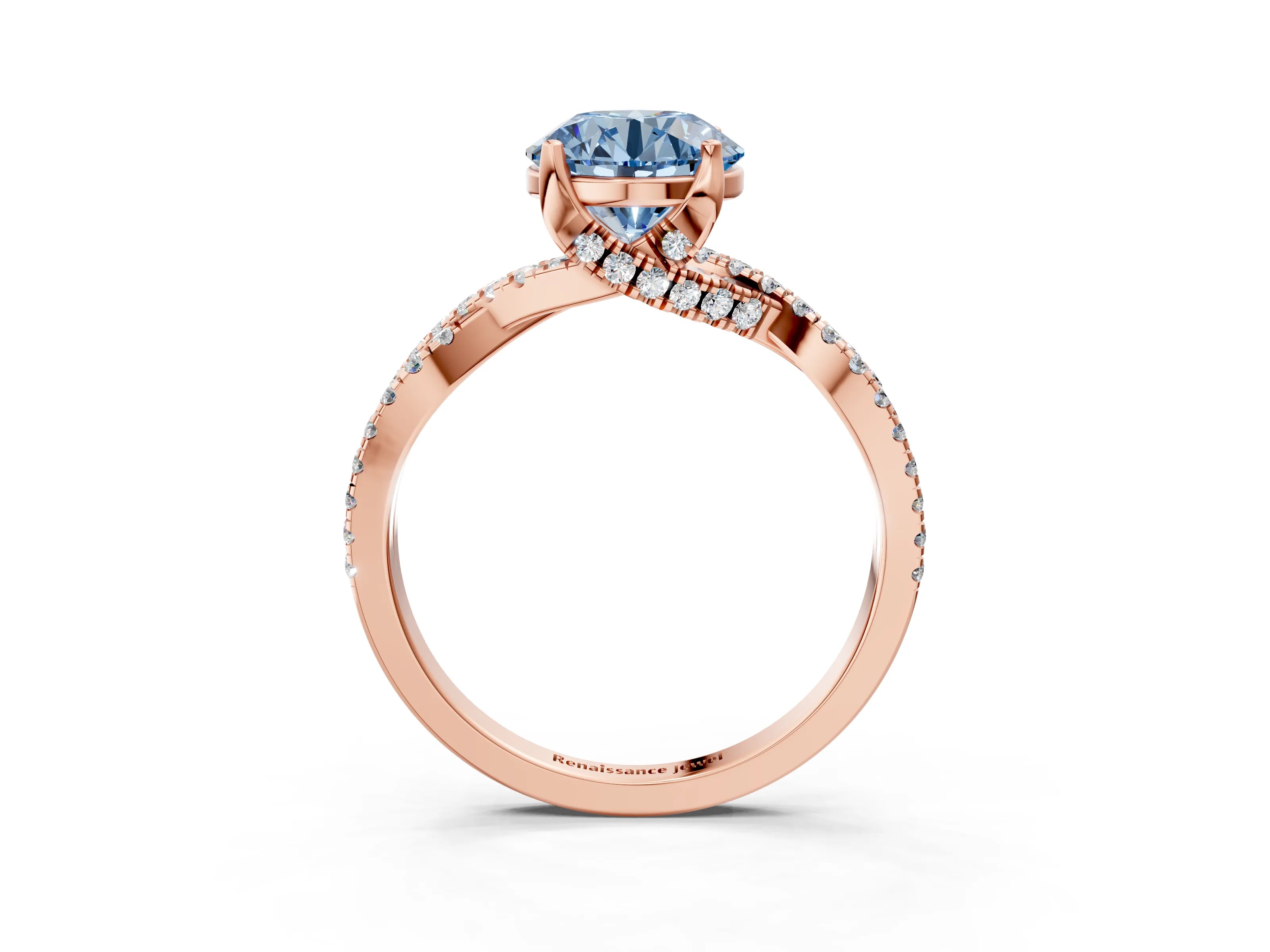 Rose gold Fancy Blue Round Cut Solitaire Twist Pave Diamond Engagement Ring with Prong Setting_3