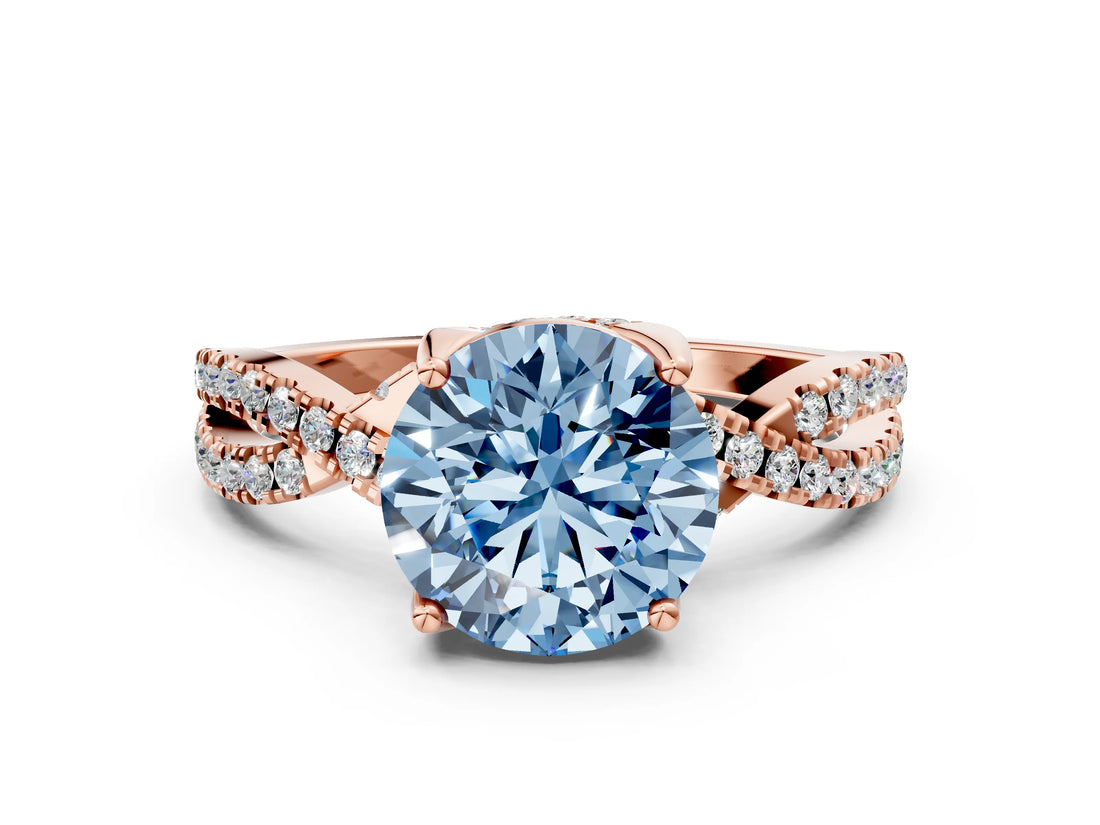 Rose gold Fancy Blue Round Cut Solitaire Twist Pave Diamond Engagement Ring with Prong Setting_36