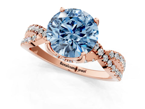 Rose gold Fancy Blue Round Cut Solitaire Twist Pave Diamond Engagement Ring with Prong Setting_37
