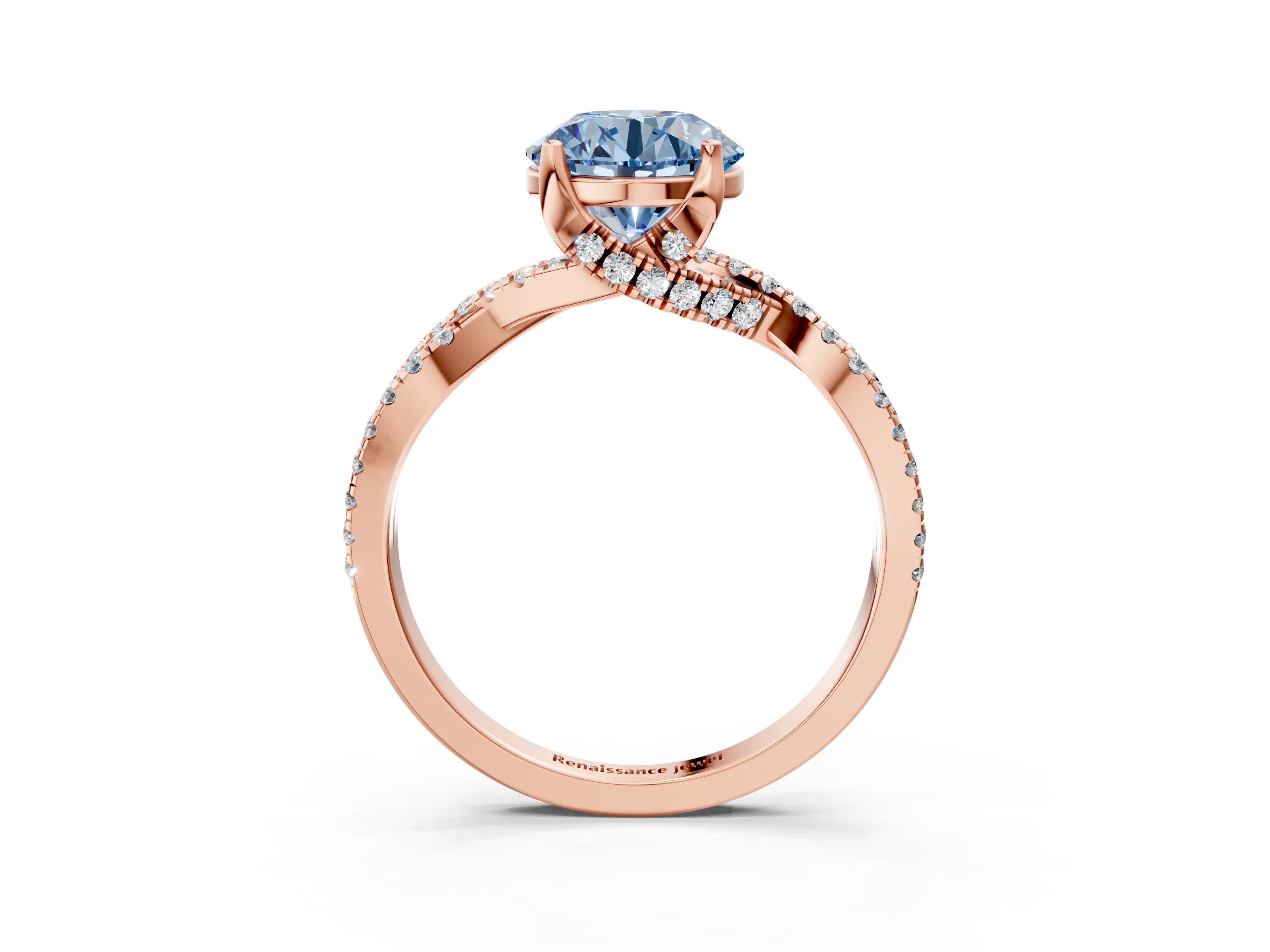 Rose gold Fancy Blue Round Cut Solitaire Twist Pave Diamond Engagement Ring with Prong Setting_39