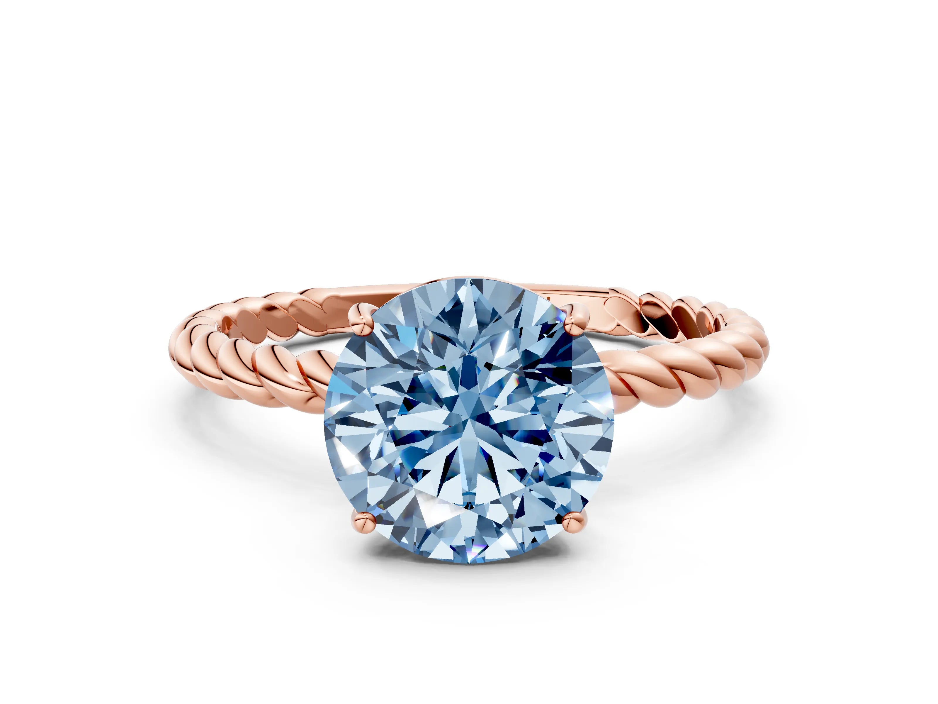 Rose gold Fancy Blue Round Cut Solitaire Twisted Band 4-Prong Ring