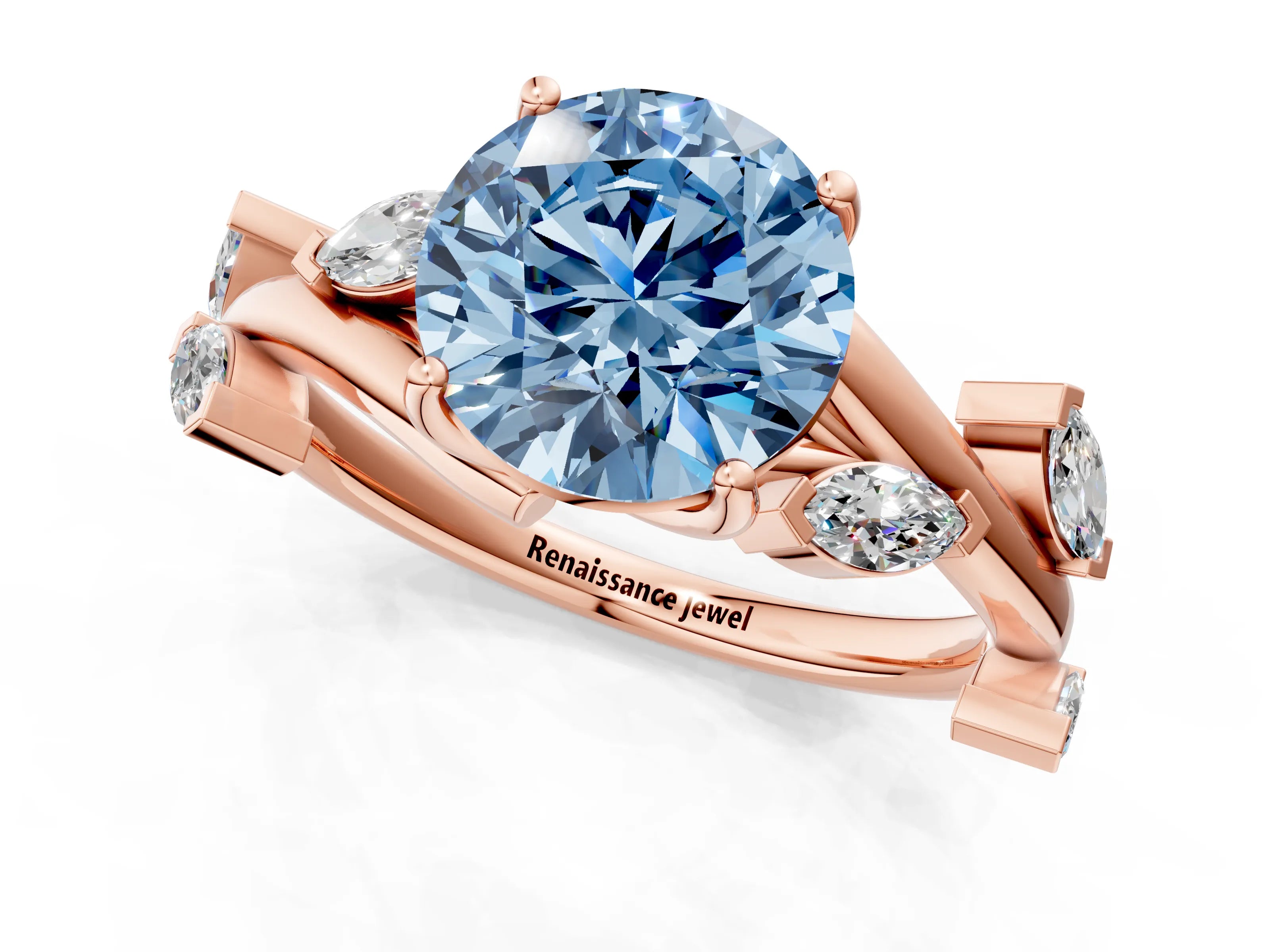 Rose gold Fancy Blue Round Cut Solitaire Twisted Band Marquise Accent Prong Setting Ring_1