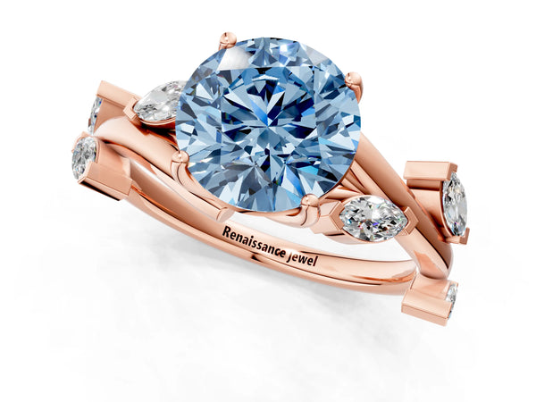Rose Gold Round Marquise Accent Twisted Engagement Ring Setting for Fancy Blue Center