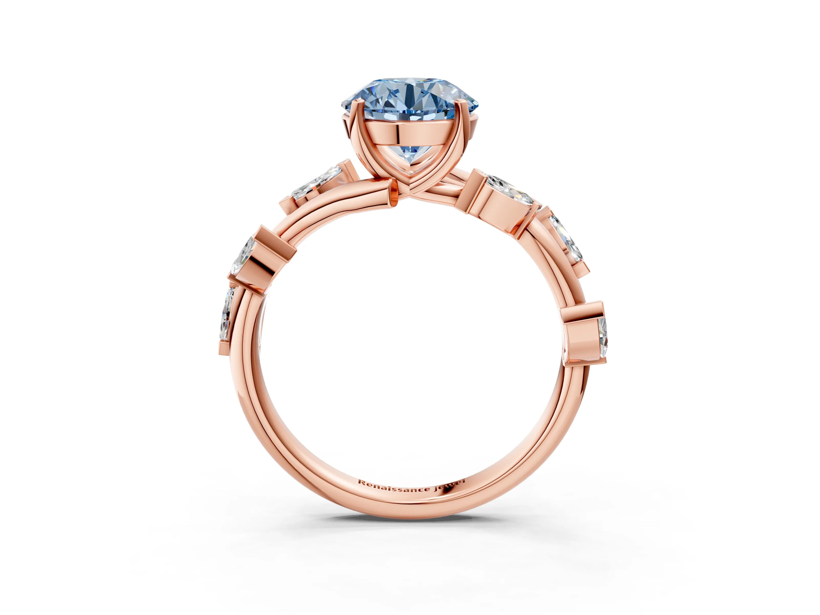 Rose gold Fancy Blue Round Cut Solitaire Twisted Band Marquise Accent Prong Setting Ring_15