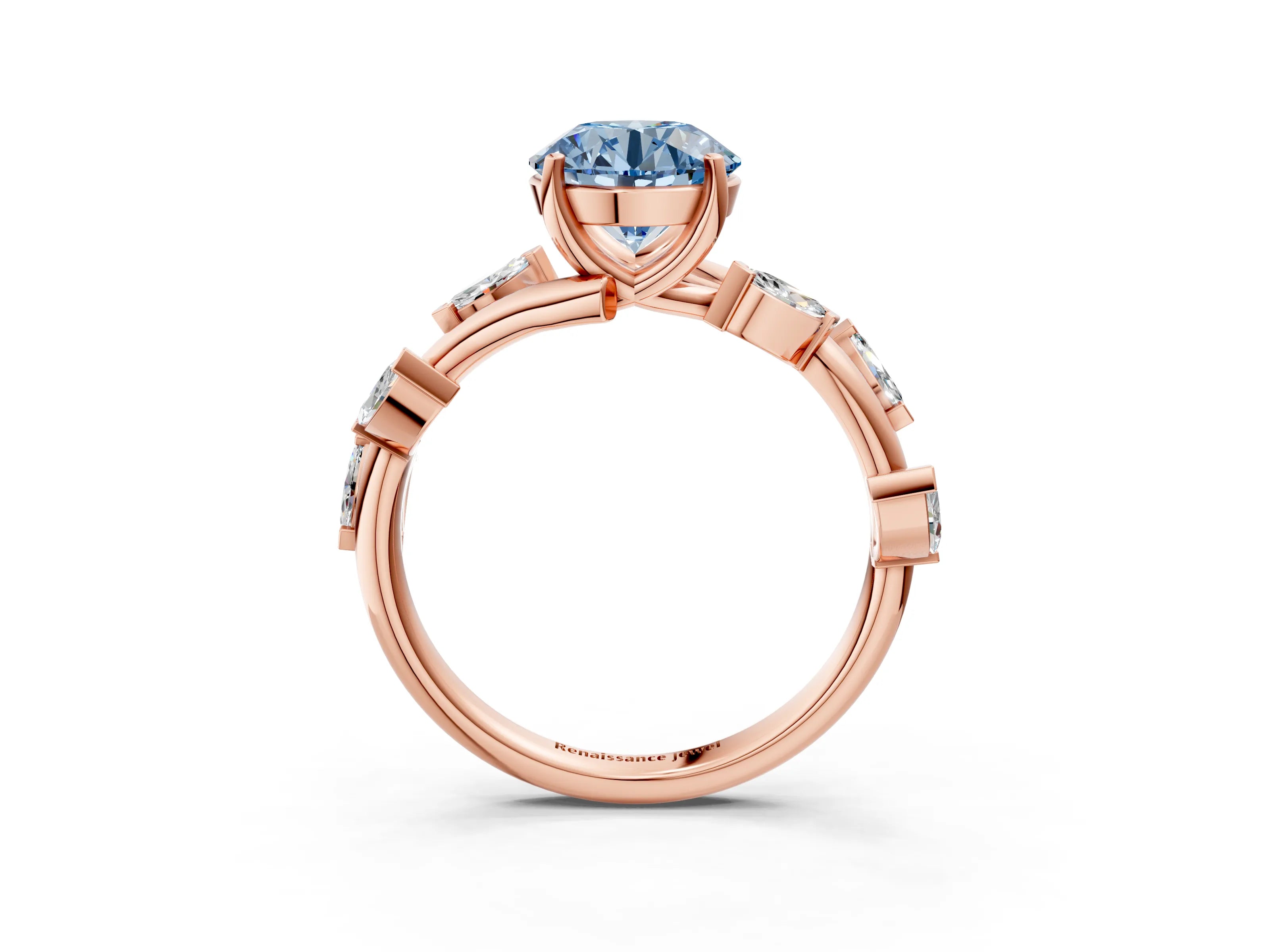 Rose gold Fancy Blue Round Cut Solitaire Twisted Band Marquise Accent Prong Setting Ring_3
