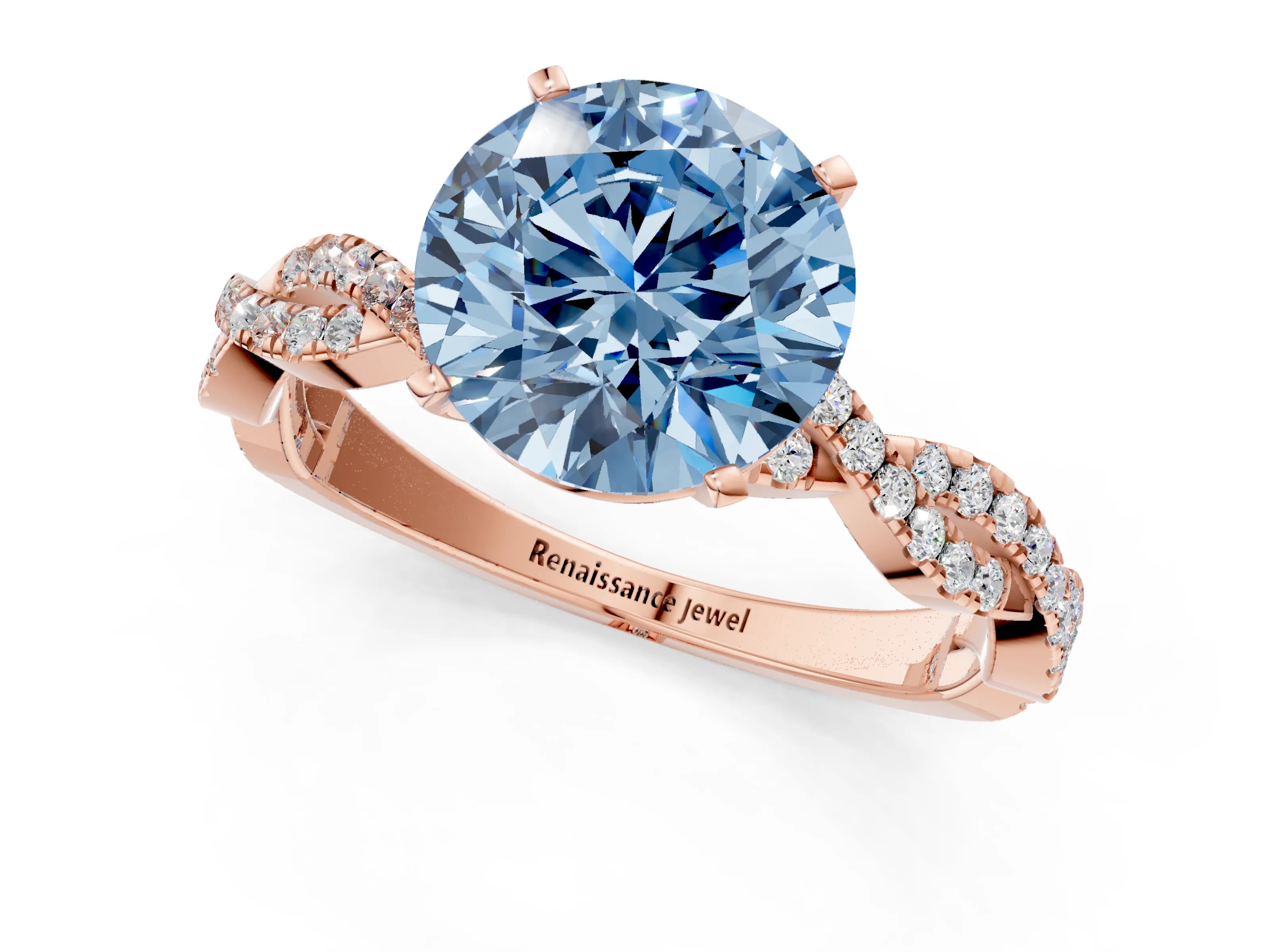 Rose gold Fancy Blue Round Cut Solitaire Twisted Pave Band with Four-Prong Setting_4