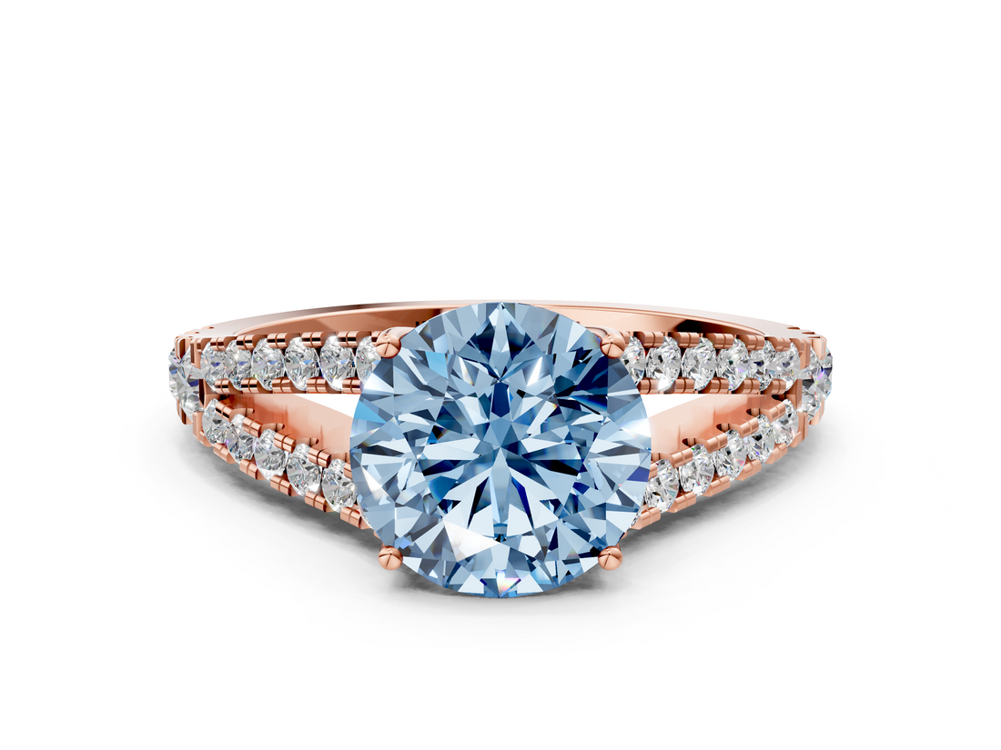 Rose gold Fancy Blue Round  Cut Split Shank Pave Diamond Engagement Ring with Four-Prong Setting_24