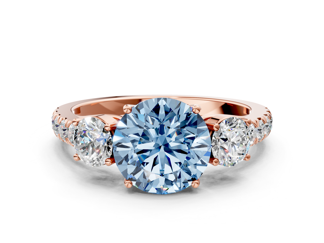 Rose gold Fancy Blue Round  Cut Three-Stone Diamond Pave Band with Prong Setting_38