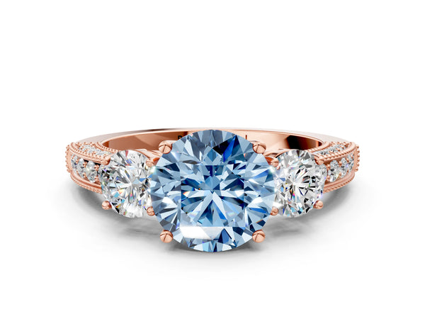 Rose gold Fancy Blue Round Cut Three-Stone Diamond Ring with Pavé Band and Four-Prong Setting