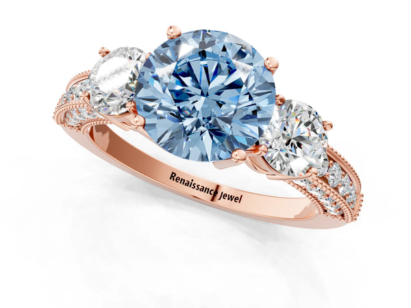 Rose gold Fancy Blue Round Cut Three-Stone Diamond Ring with Pavé Band and Four-Prong Setting
