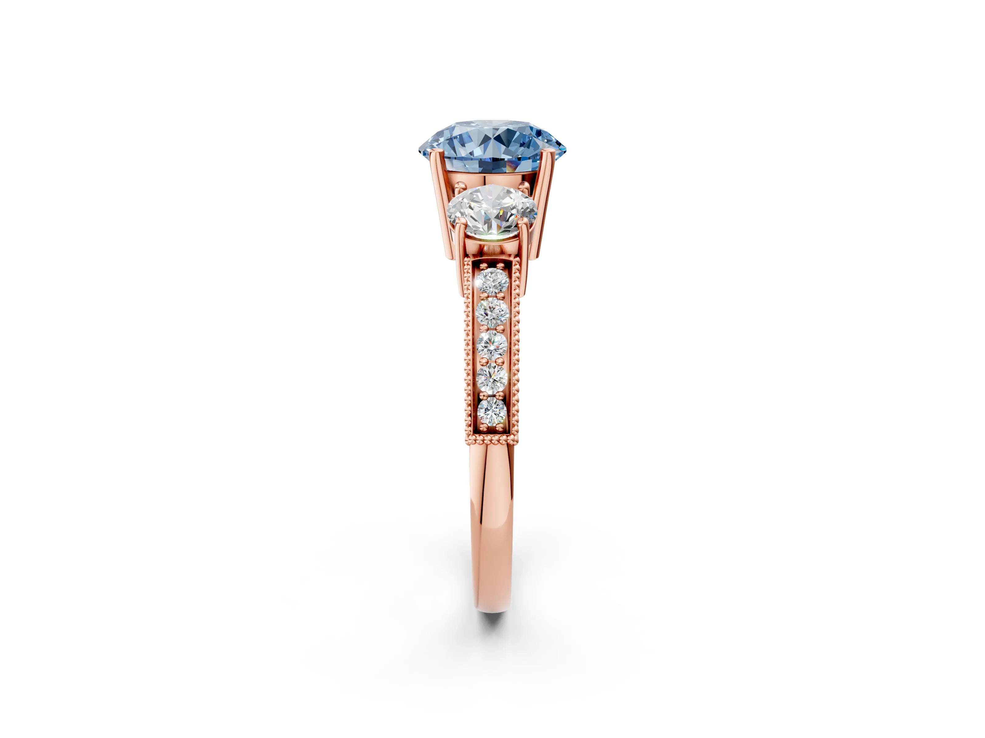 Rose gold Fancy Blue Round Cut Three-Stone Diamond Ring with Pavé Band and Four-Prong Setting_2