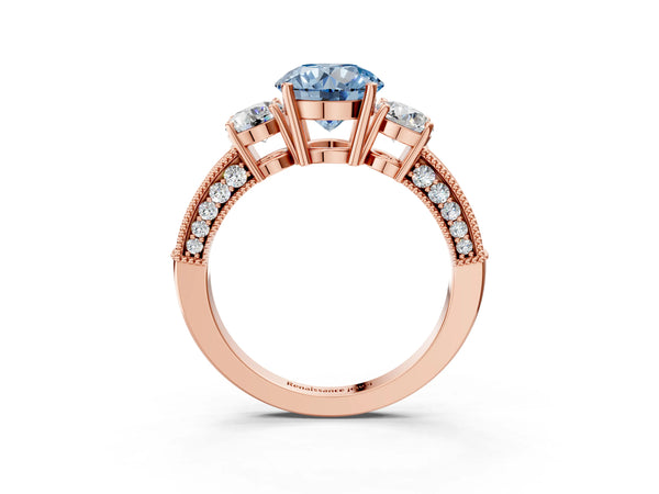 Rose gold Fancy Blue Round Cut Three-Stone Diamond Ring with Pavé Band and Four-Prong Setting