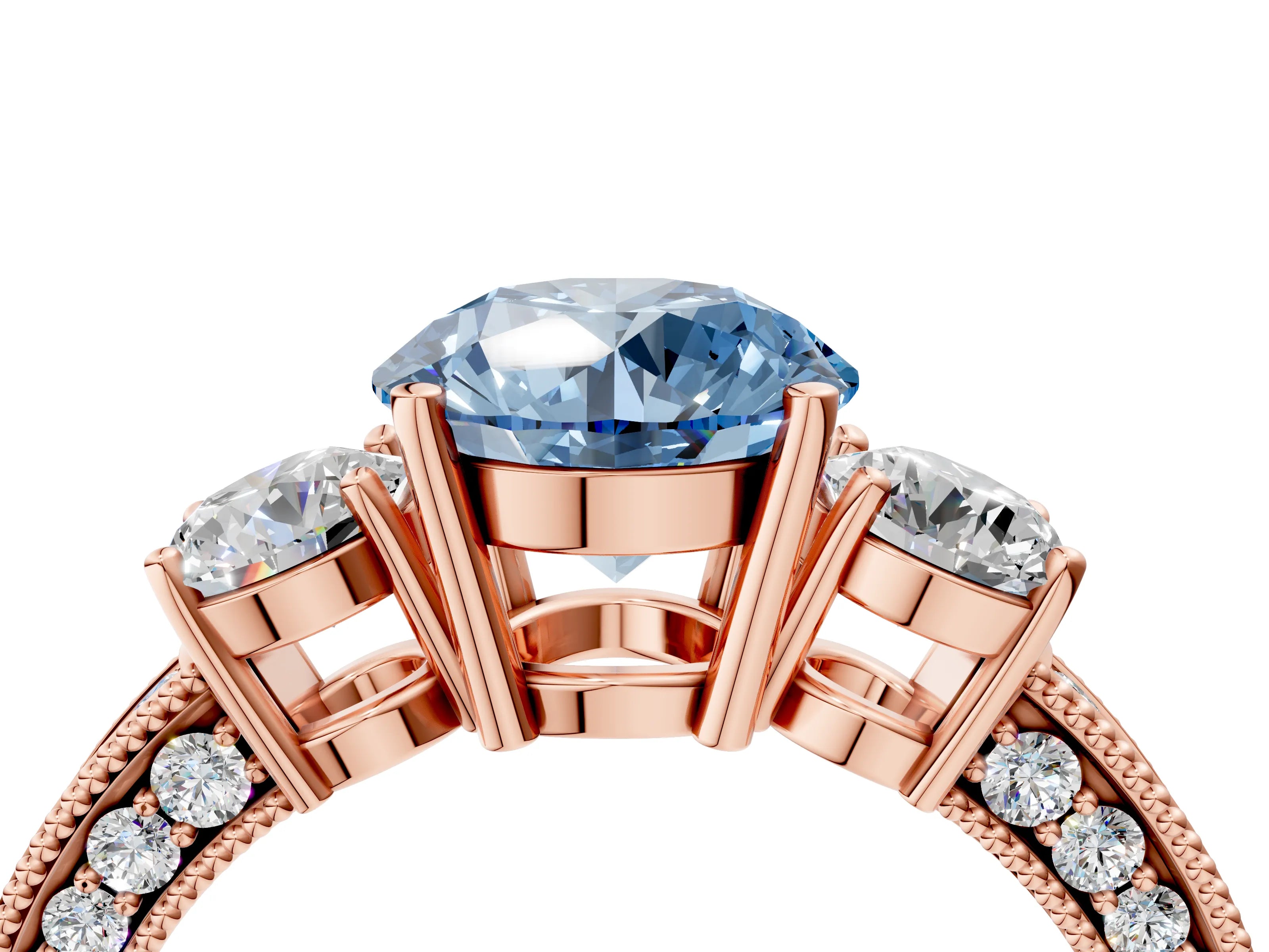 Rose gold Fancy Blue Round Cut Three-Stone Diamond Ring with Pavé Band and Four-Prong Setting_4