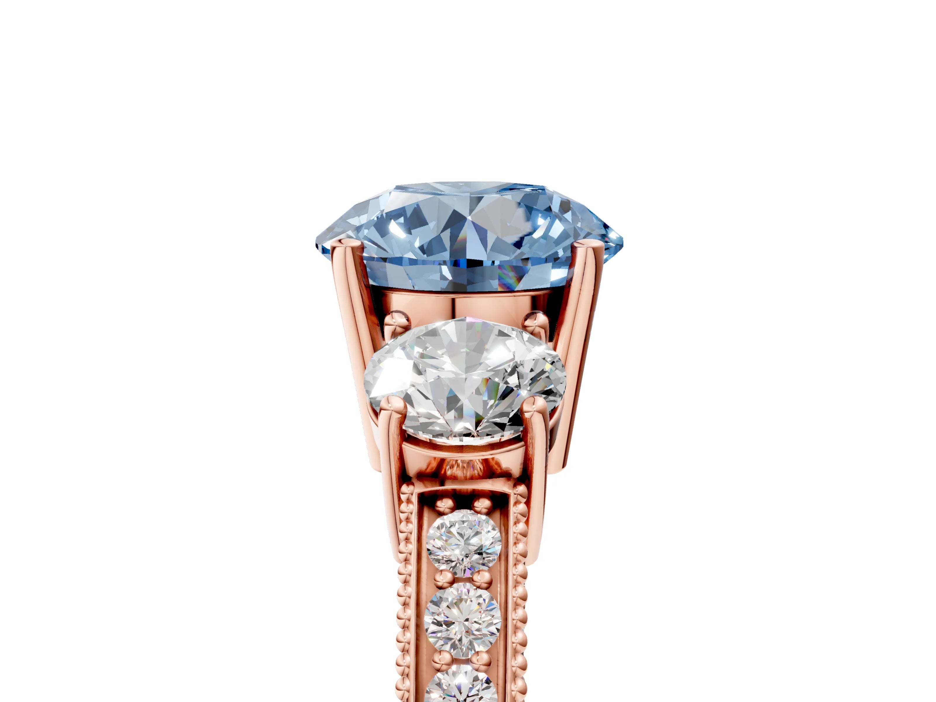 Rose gold Fancy Blue Round Cut Three-Stone Diamond Ring with Pavé Band and Four-Prong Setting_5