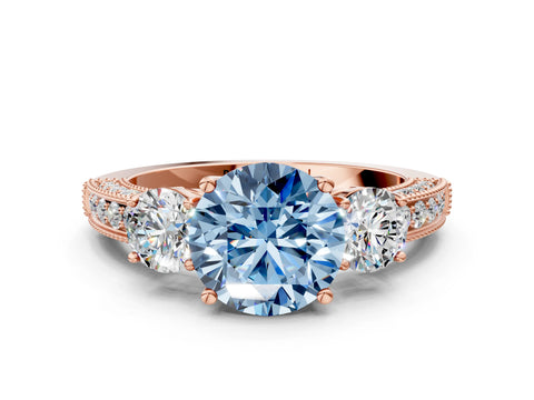 Rose gold Fancy Blue Round Cut Three-Stone Diamond Ring with Pavé Band and Four-Prong Setting