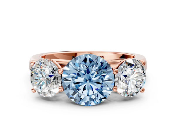 Rose gold Fancy Blue Round Cut Three-Stone Diamond Ring with Prong Setting on a Classic Band