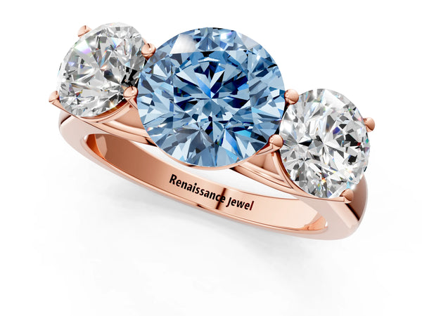 Rose gold Fancy Blue Round Cut Three-Stone Diamond Ring with Prong Setting on a Classic Band
