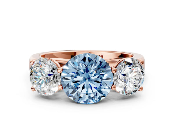 Rose gold Fancy Blue Round Cut Three-Stone Diamond Ring with Prong Setting on a Classic Band