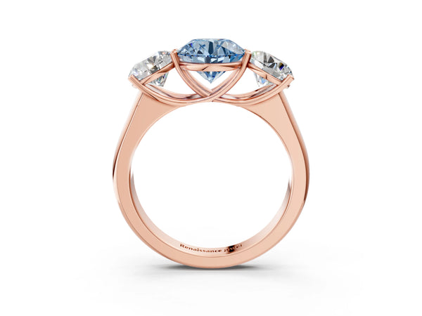 Rose gold Fancy Blue Round Cut Three-Stone Diamond Ring with Prong Setting on a Classic Band