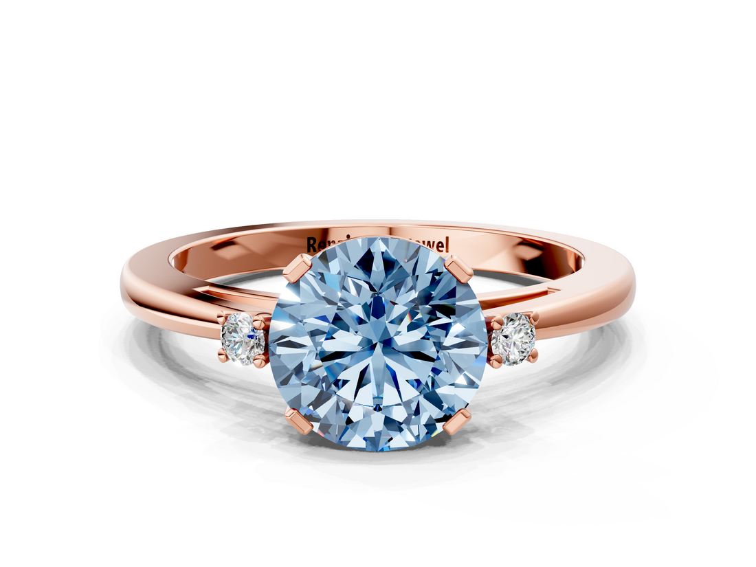 Rose gold Fancy Blue Round  Cut Three-Stone Solitaire Ring with Round Accent Diamonds and Four-Prong Setting_20