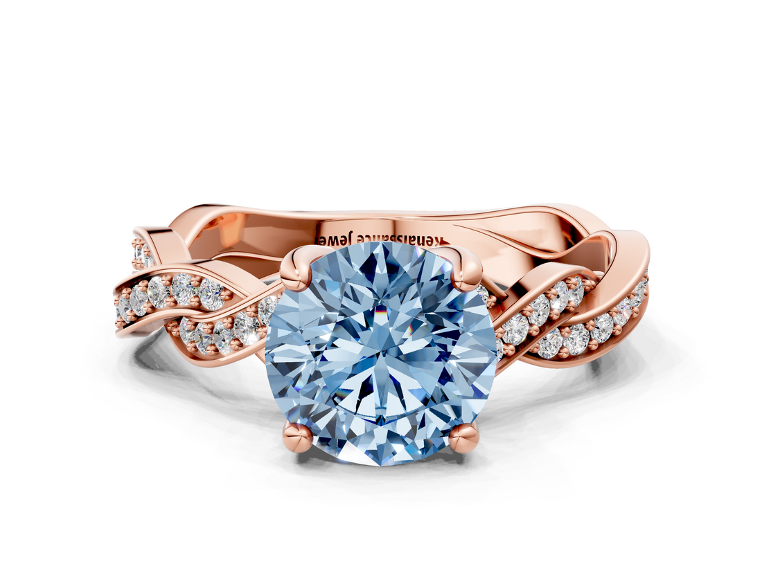 Rose gold Fancy Blue Round  Cut Twisted Pavé Band Solitaire Ring with Four-Prong Setting_72