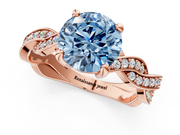 Rose gold Fancy Blue Round  Cut Twisted Pavé Band Solitaire Ring with Four-Prong Setting