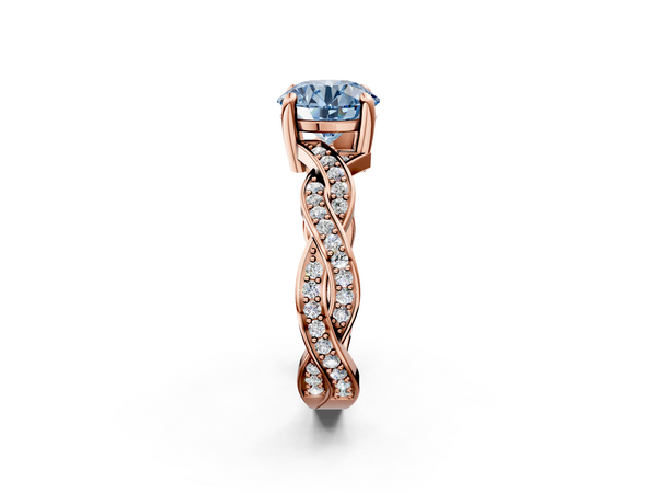 Rose gold Fancy Blue Round  Cut Twisted Pavé Band Solitaire Ring with Four-Prong Setting