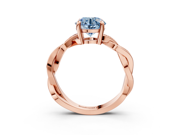 Rose gold Fancy Blue Round  Cut Twisted Pavé Band Solitaire Ring with Four-Prong Setting