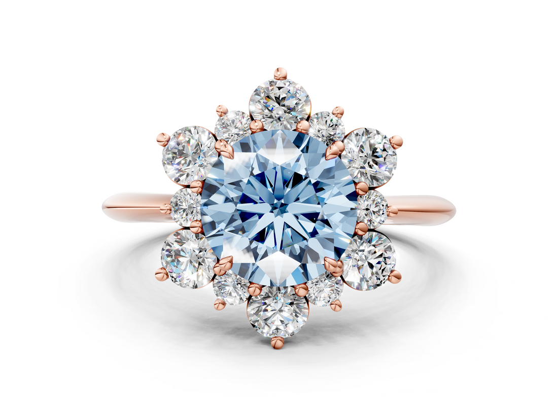 Rose gold Fancy Blue Round  Diamond Cluster Halo Ring with Solitaire Band and Four-Prong Setting_19
