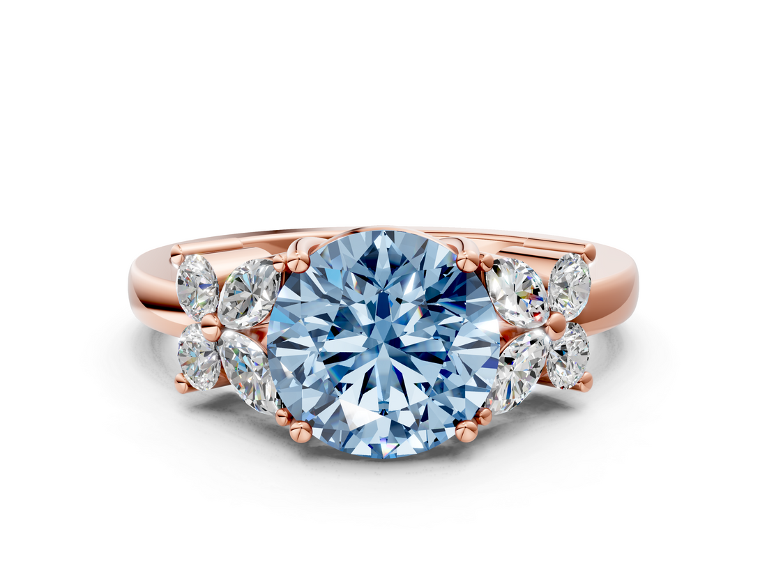 Rose gold Fancy Blue Round  Diamond Floral Cluster Ring with Solitaire Band and Prong Setting_32