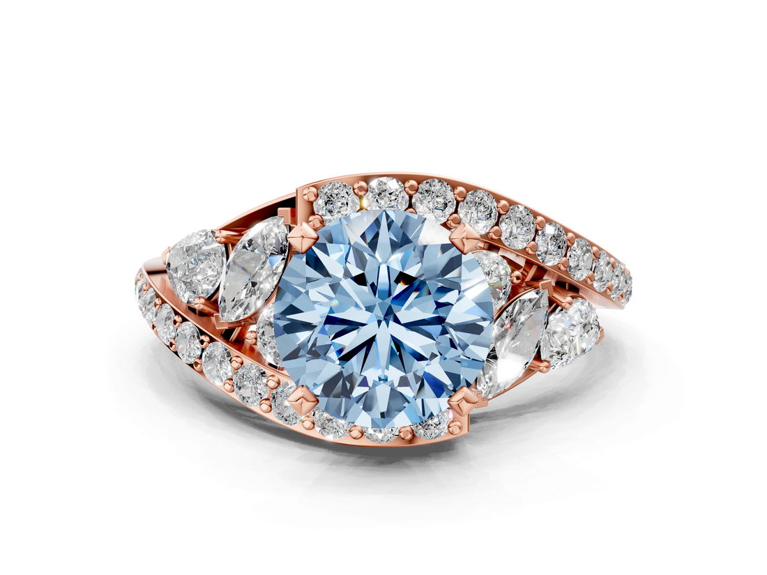 Rose gold Fancy Blue Round  Diamond Halo Ring with Marquise and Pavé Band in Prong Setting_73