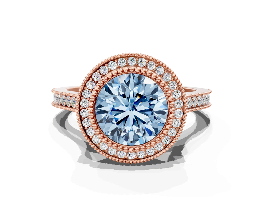 Rose gold Fancy Blue Round  Diamond Halo Ring with Milgrain Frame and Pavé Band_60