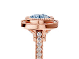 Rose gold Fancy Blue Round  Diamond Halo Ring with Milgrain Frame and Pavé Band_65