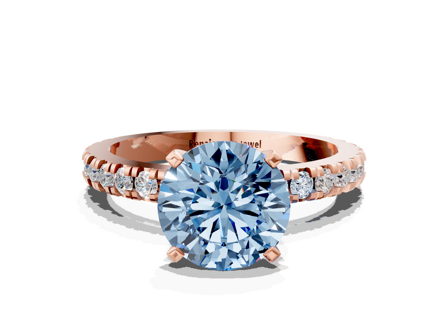 Rose gold Fancy Blue Round  Diamond Pavé Band Solitaire with Four-Prong Setting