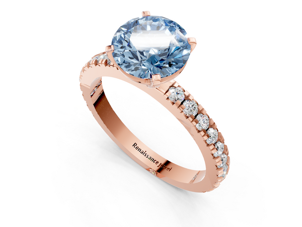 Rose gold Fancy Blue Round  Diamond Pavé Band Solitaire with Four-Prong Setting