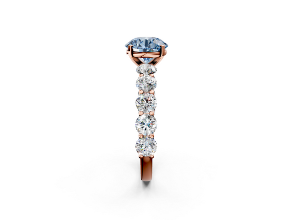 Rose gold Fancy Blue Round Cut Diamond Prong Setting with Side Stones on a Pave Band