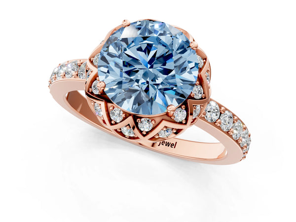 Rose gold Fancy Blue Round  Diamond Solitaire Ring with Shared Prong Pavé Band