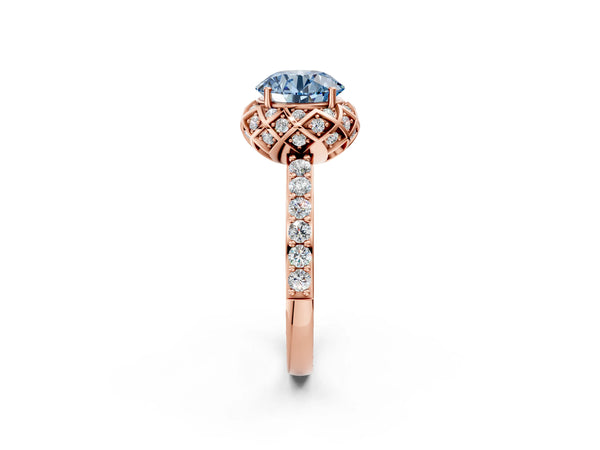 Rose gold Fancy Blue Round  Diamond Solitaire Ring with Shared Prong Pavé Band