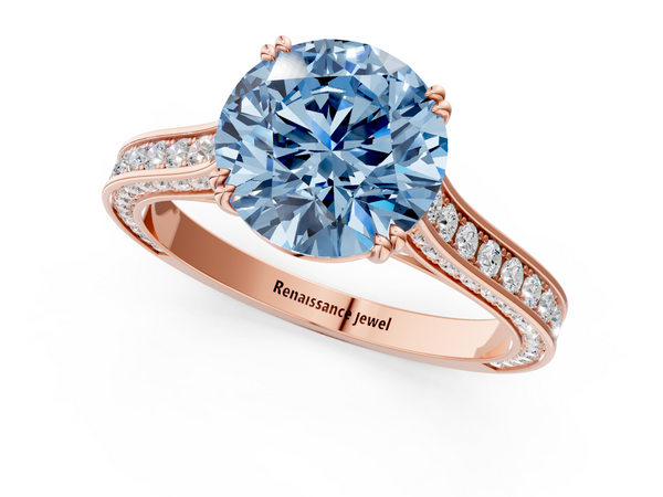 Rose gold Fancy Blue Round  Diamond Solitaire with Pave Band and Six-Prong Setting