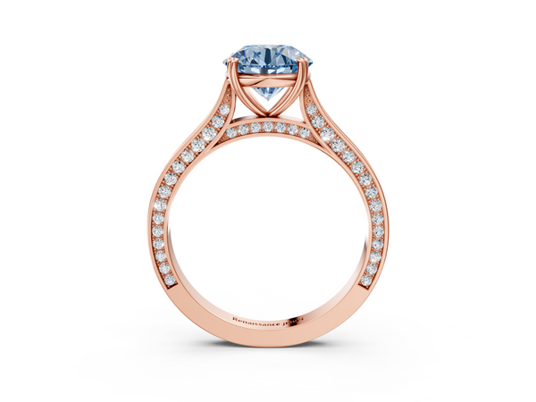 Rose gold Fancy Blue Round  Diamond Solitaire with Pave Band and Six-Prong Setting
