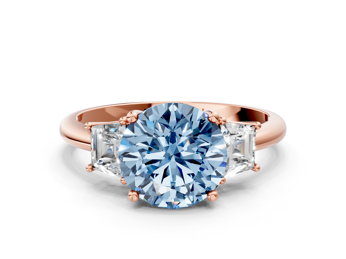 Rose gold Fancy Blue Round  Diamond Three-Stone Ring with Trapezoid Side Stones and Prong Setting_17