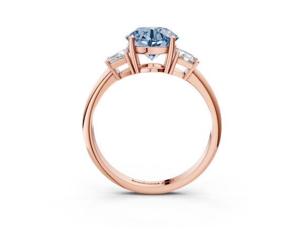 Rose Gold Round Three Stone Engagement Ring Setting for Fancy Blue Center with Trapezoid Side Stones