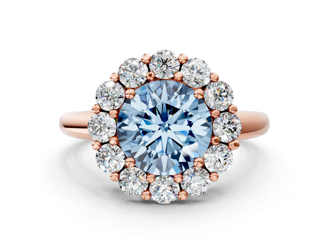 Rose gold Fancy Blue Round  Halo Cluster Diamond Engagement Ring with Prong Setting and Polished Band_21